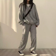 批发韩版chic复古加厚保暖翻领套头长袖卫衣+束脚休闲裤两件套