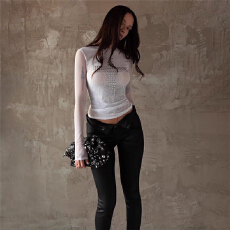 批发欧美2025上衣女时尚气质圆领钉珠设计轻薄网纱透视女T恤