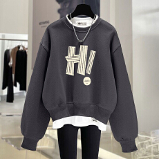 批发2025春秋冬新款美式字母宽松假两件半高领套头<b class='q'>卫衣</b>女加绒厚中长款