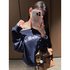 美式斜肩长袖卫衣女设计感印花气质露肩上衣