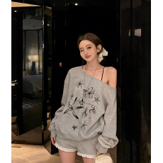 批发美式斜肩长袖<b class='q'>卫衣</b>女设计感印花气质露肩上衣