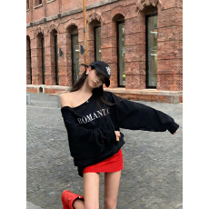 批发美式斜肩长袖<b class='q'>卫衣</b>女设计感印花气质露肩上衣