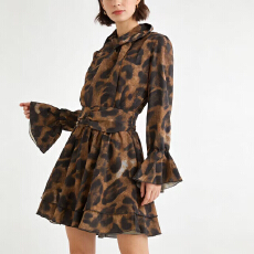 批发美式复古豹纹v领喇叭<b class='q'>长袖</b>连衣裙女春季2026新款<b class='q'>雪纺</b>收腰显瘦短裙