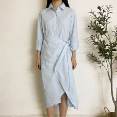 批发御姐风简单大方高级感穿搭蓝色收腰系带衬衫<b class='q'>连衣裙</b>女2026新款