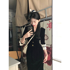 批发法式复古V领黑色丝绒连衣裙子女收腰气质高级感内搭打底长裙