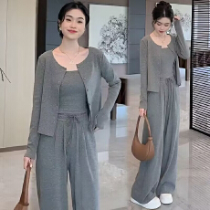 批发高级感纯色开衫阔腿裤三件套女秋冬洋气减龄休闲运动套装