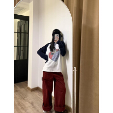 高质量精梳精密纯棉印花秋季拼色长袖T恤女