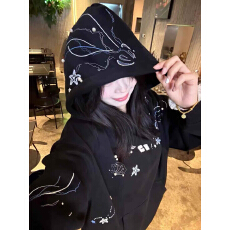 批发美式高街珍珠钉珠刺绣连帽<b class='q'>卫衣</b>女秋冬加绒加厚<b class='q'>潮牌</b>设计感情侣外套