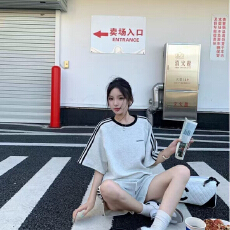 批发美式纯棉休闲<b class='q'>运动服</b>套装女夏学生宽松<b class='q'>韩版</b>时尚短袖短裤跑步两件套