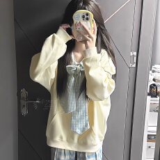 批发纯棉 成品】蝴蝶结卫衣女秋冬宽松慵懒风百搭学院甜美外套