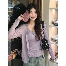 批发随心裁<b class='q'>莫代尔</b>260克1*1】紫色<b class='q'>开衫</b>长袖t恤女学院风吊带背心两件套