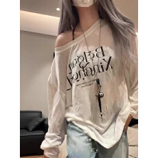 批发 韩系百搭薄款春夏防晒复古字母印花长袖T恤女宽松休闲上衣