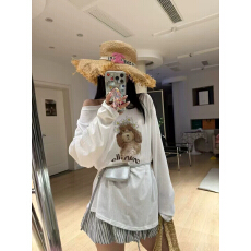 批发韩版夏季斜肩狗狗字母印花长袖T恤女薄款显瘦宽松防晒百搭上衣