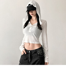 批发原版面料和做法 <b class='q'>欧美</b>高腰女长袖修身微透百搭设计感短上衣内搭