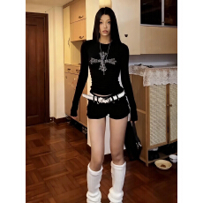 批发美式纯棉正肩正肩纯棉修身圆领长袖辣妹风<b class='q'>街头</b>风都市风