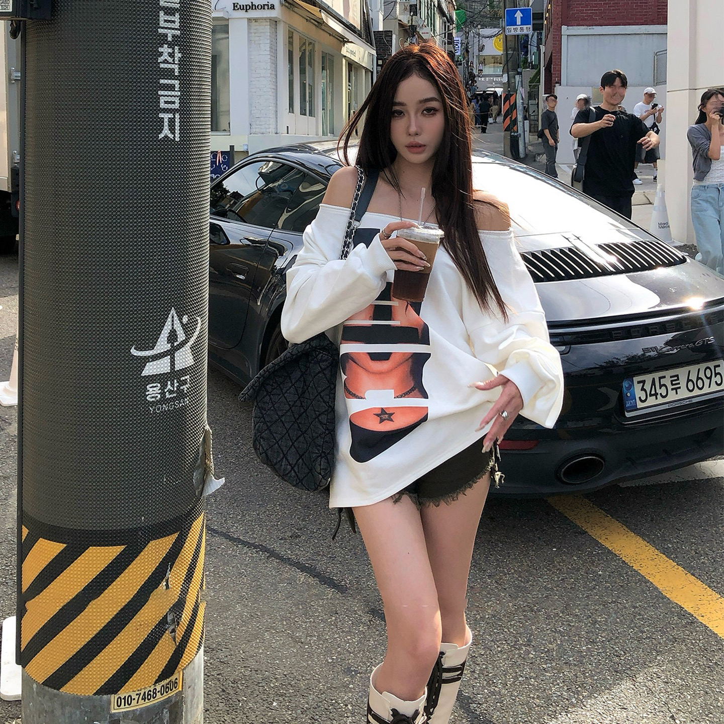 아메리칸 찢어진 루즈핏 느긋한 다용도 비스듬한 어깨 후드티