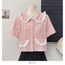 批发<b class='q'>甜美</b>蕾丝拼接娃娃领正肩短袖衬衫女春2026时尚减龄单排扣短款上衣