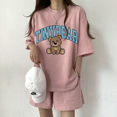 批发<b class='q'>韩版</b><b class='q'>休闲</b>短袖<b class='q'>套装</b>女卡通印花宽松百搭短裤运动两件套潮