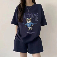 批发<b class='q'>韩版</b><b class='q'>休闲</b>短袖<b class='q'>套装</b>女卡通印花宽松百搭短裤运动两件套潮