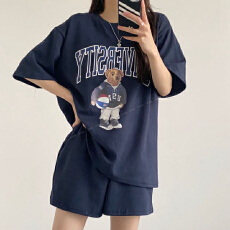 批发<b class='q'>韩版</b><b class='q'>休闲</b>短袖<b class='q'>套装</b>女卡通印花宽松百搭短裤运动两件套潮