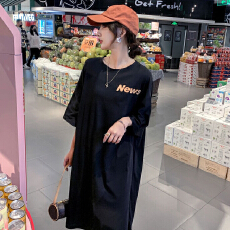 批发仿棉牛奶丝#夏季新款短袖宽松<b class='q'>韩版</b>韩式印花开叉中长款连衣裙