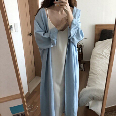 批发 春秋新款韩国慵懒风简约时尚超长款过膝衬衣女装纯色翻领