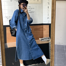 批发<b class='q'>韩国</b>chic春秋简约翻领单排扣宽松衬衫裙休闲长款牛仔连衣