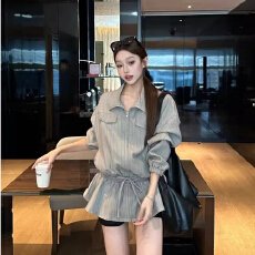 批发高级感秋季新款抽绳收腰显瘦翻领<b class='q'>上衣</b>