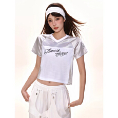 批发拼接印花短款网面球服宽松直筒休闲T恤