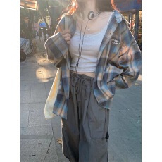 批发官方图 春夏复古格子<b class='q'>长袖</b><b class='q'>衬衫</b>女美式休闲<b class='q'>情侣</b><b class='q'>撞色</b>格