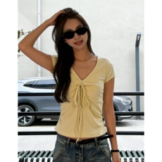 批发随心裁<b class='q'>莫代尔</b>260克1*1】气质V领抽绳系带设计感短袖<b class='q'>T</b><b class='q'>恤</b>