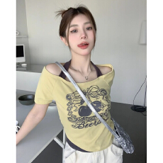 批发官图 260随心裁】纯欲美式<b class='q'>T</b><b class='q'>恤</b>小众假两件短袖法式辣妹上衣