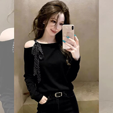 批发轻熟风<b class='q'>韩版</b>露肩系带长袖t恤2026春季减龄漂亮时尚精致显瘦上衣