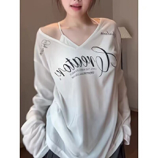 批发竹节罗纹~辣妹字母印花<b class='q'>长</b>袖V领罩衫<b class='q'>T</b><b class='q'>恤</b>百搭防晒宽松上衣女