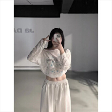 批发美式星星印花<b class='q'>长</b>袖<b class='q'>T</b><b class='q'>恤</b>女夏辣妹透视显瘦防晒薄款上衣