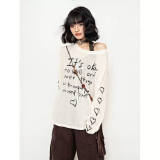 批发美式慵懒风斜肩长袖<b class='q'>T</b><b class='q'>恤</b>女夏季薄款透气空调衫防晒罩衫上衣