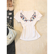 批发210克40支精棉1*1】美式复古V领短袖T恤女<b class='q'>夏</b>季新款白色蝴蝶上衣