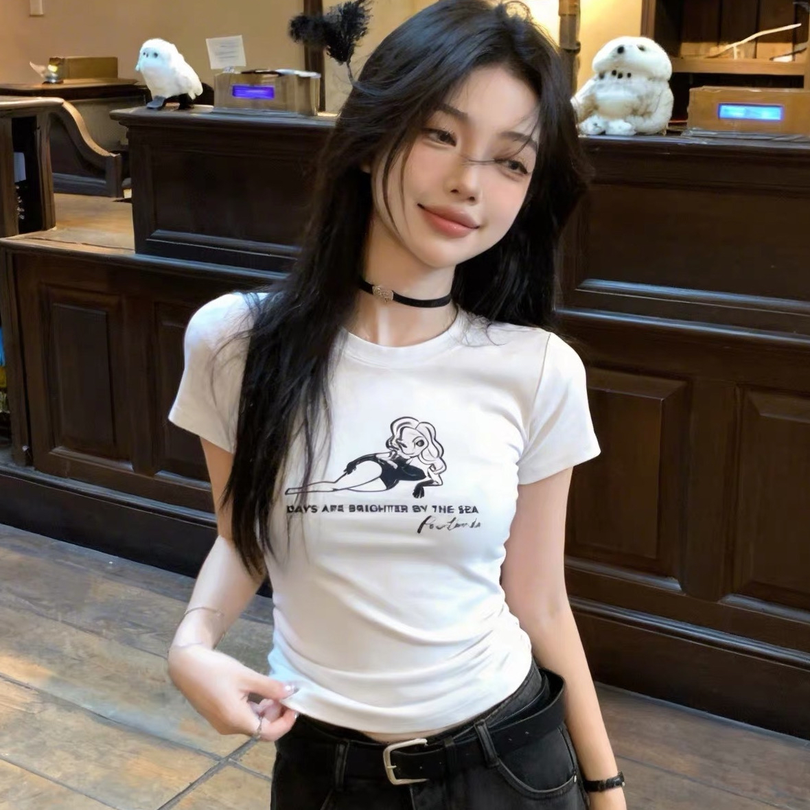 아메리칸 레트로 긍정적 인 어깨 프린트 반팔 티셔츠