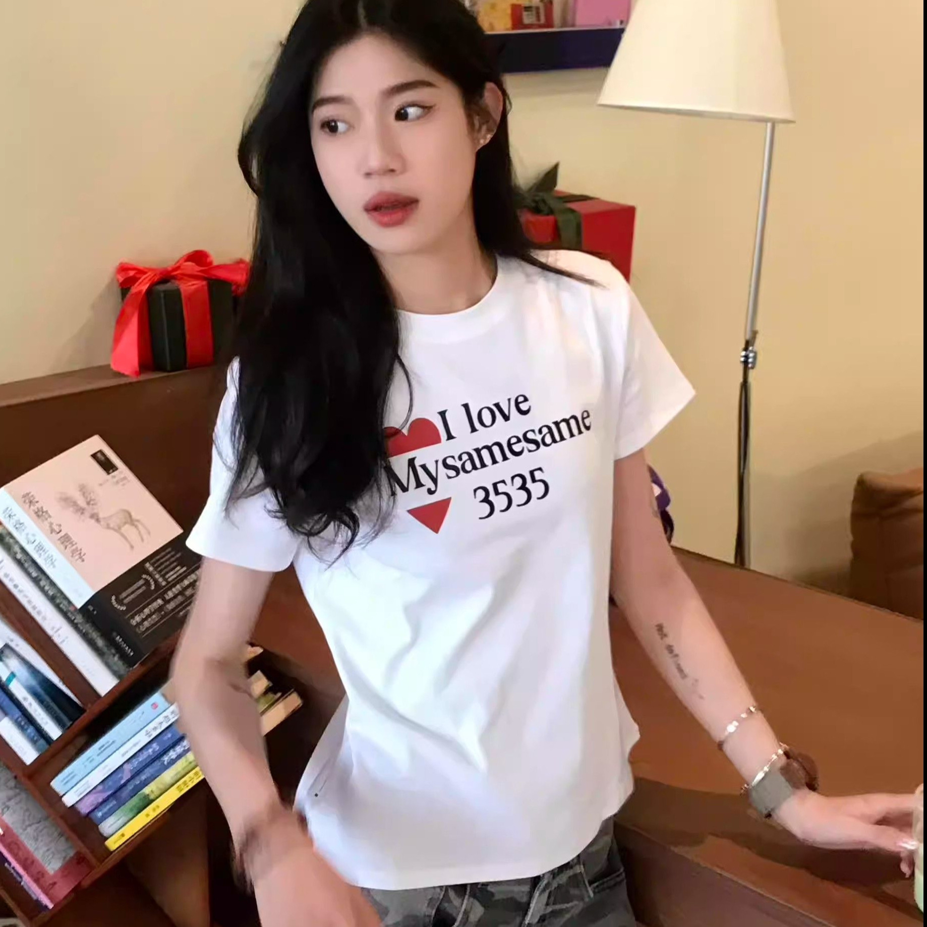 아메리칸 레트로 긍정적 인 어깨 프린트 반팔 티셔츠