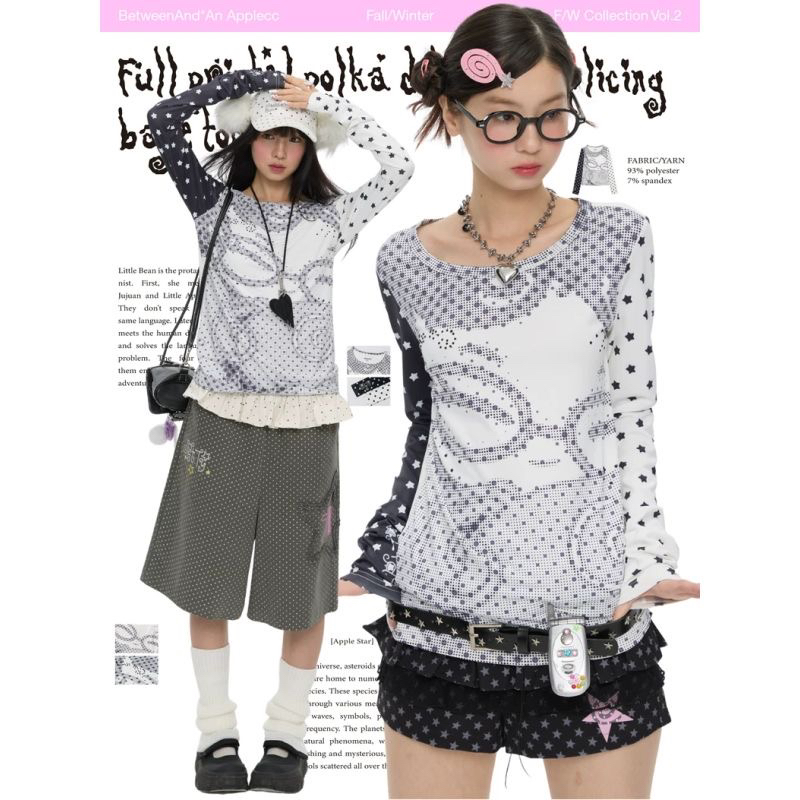 아메리칸 핫걸 디자인 작은 대중 전체 인쇄 보조 요소 도트 무늬 픽셀 애니메이션 패치워크 긴팔 티셔츠 몸매 가꾸기 슬림해 보이는 ins