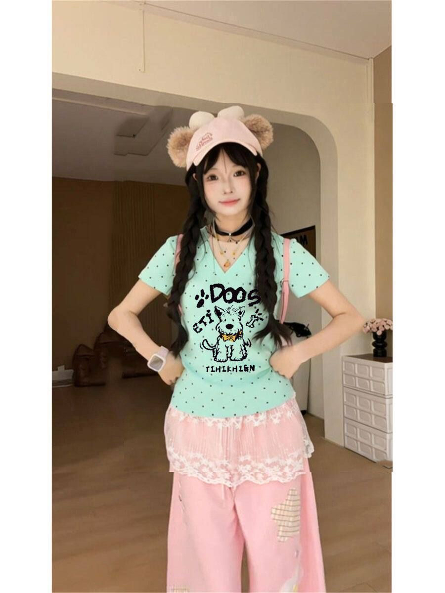 1 1 순면 V넥 도트 무늬 반팔 긍정적 인 어깨 일반 섹션 반팔 높은 탄력성 새로운 여름 맨위