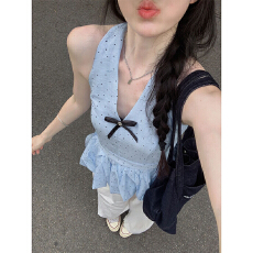 批发【整件双层用料-下摆足够篷松】<b class='q'>波点</b>挂脖背心女设计感辣妹上衣