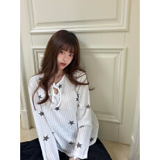 批发【原版面料】星星印花系带<b class='q'>宽松</b>防晒罩衫女<b class='q'>长袖</b><b class='q'>T</b><b class='q'>恤</b>上衣