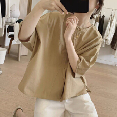 批发韩国不规则衬衫女夏季宽松<b class='q'>大码</b>显瘦小众设计感开叉五分袖百搭上衣