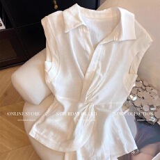批发白色设计感气质百搭绝美小众上衣女夏季新款交叉扭结翻领无袖衬衫