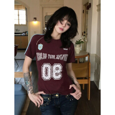 批发美式复古<b class='q'>运动</b>风数字印花短袖T恤女爆款圆领时尚百搭<b class='q'>修身</b>辣妹上衣