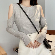 批发春秋季薄款灰色上衣女露肩设计感新款宽松百搭小心机长袖<b class='q'>T</b><b class='q'>恤</b>