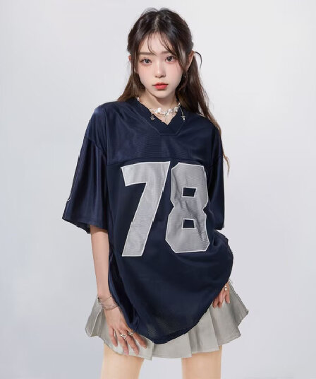 아메리칸 레트로 V넥 숫자 운동 캐주얼 저지 반팔 티셔츠 남녀 조수 브랜드 루즈핏 도루 센스 하프