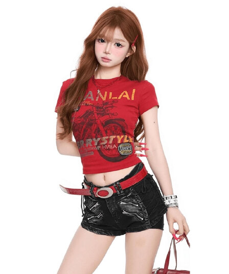 210 그램 40 좋은 면 1 1 아메리칸 빨간색 오토바이 바람 프린트 라운드 넥 반팔 티셔츠 여성