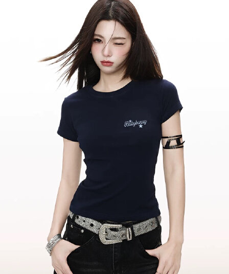 아메리칸 알파벳 긍정적 인 어깨 반팔 티셔츠 여성 여름 새로운 작은 대중 몸매 가꾸기 핫걸 바람 맨위